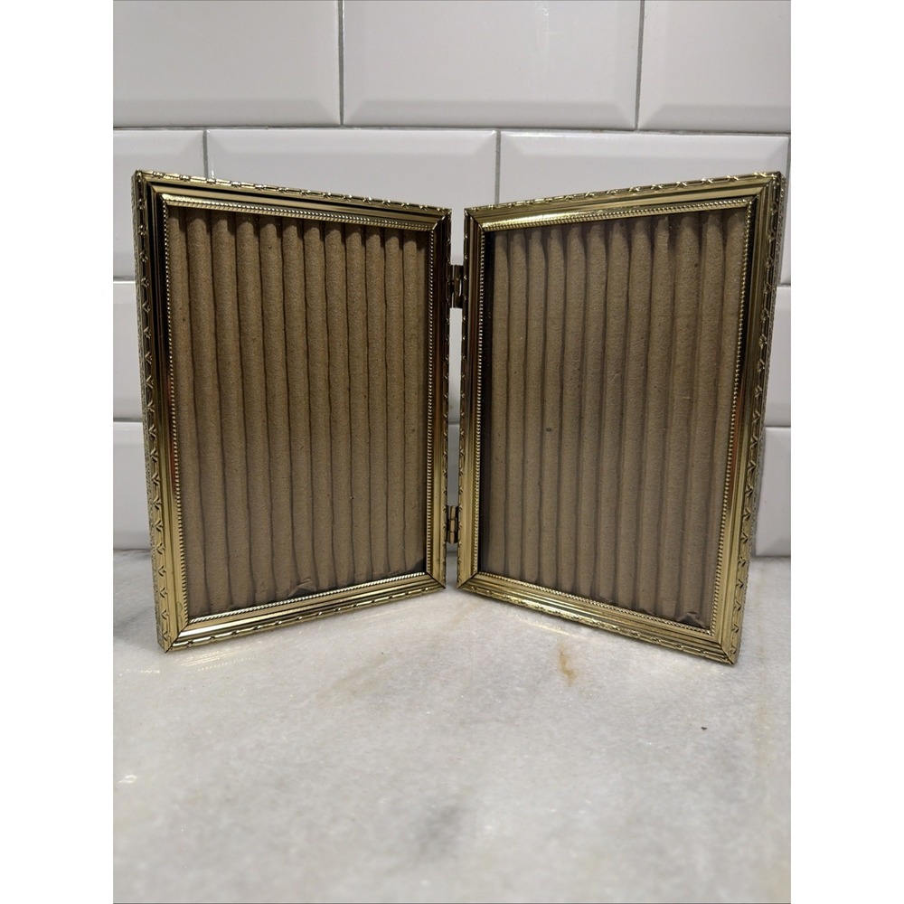Gold Metal Photo Frame 5" X 7" Ornate Easel Vintage Double Hinge Frame A001